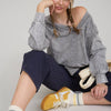 WASHED V NECK EXPOSED SEAM LONG SLEEVE KNIT TOP