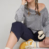 WASHED V NECK EXPOSED SEAM LONG SLEEVE KNIT TOP