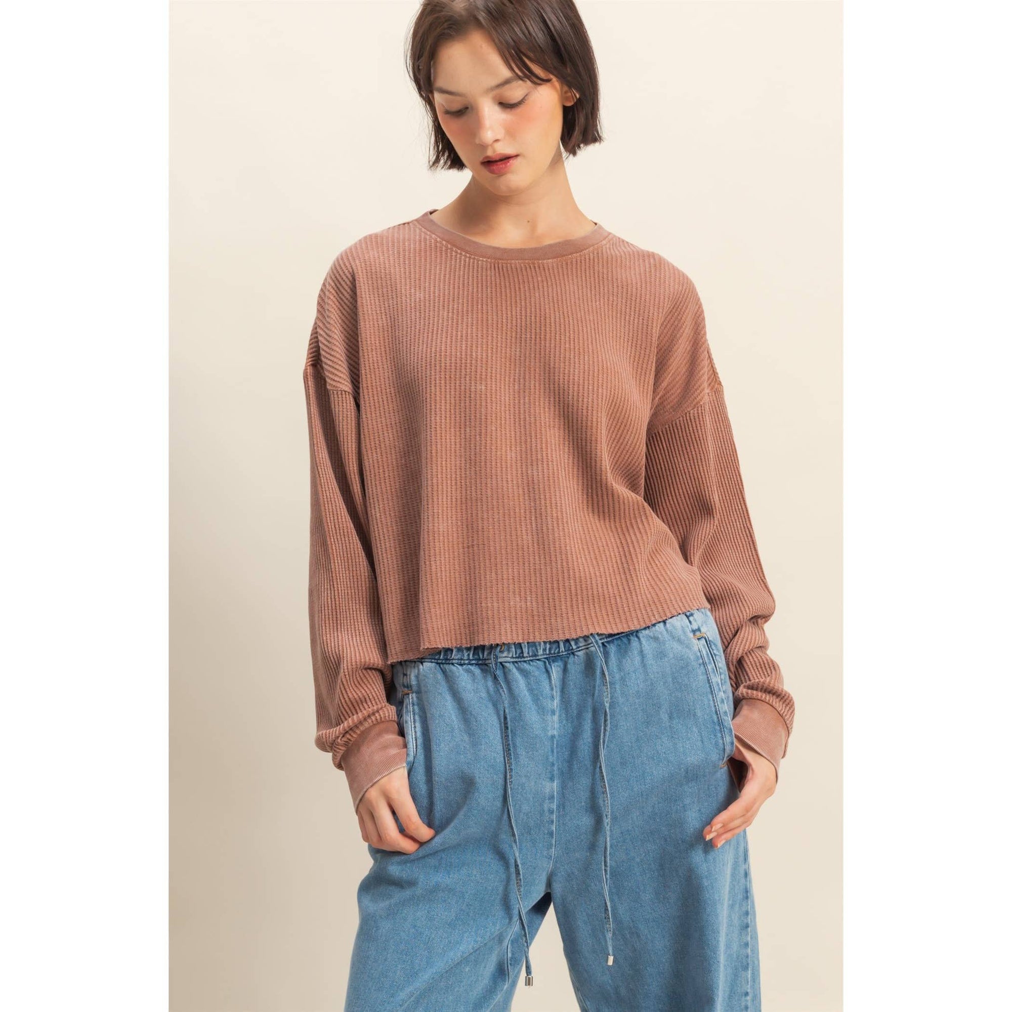 Mineral Washed Waffle Long Sleeve Top