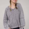 WASHED V NECK EXPOSED SEAM LONG SLEEVE KNIT TOP