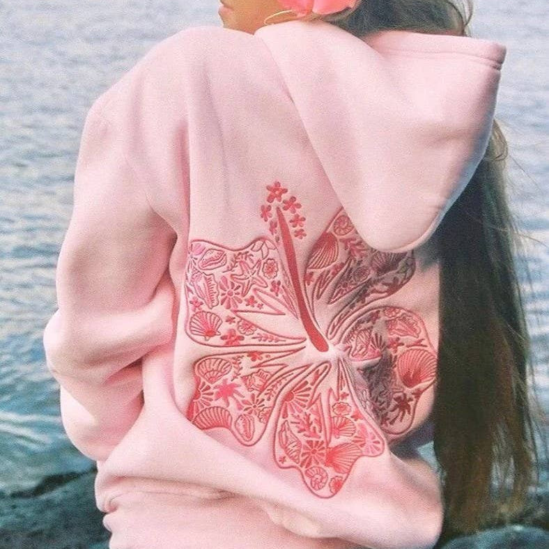 Tropical Hibiscus Floral Embroidered Fleece Hoodie
