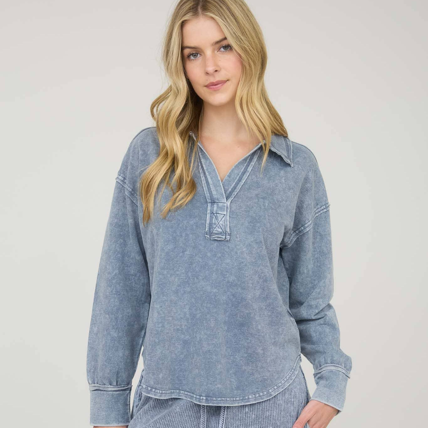 Washed Long Sleeve Polo Knit Top