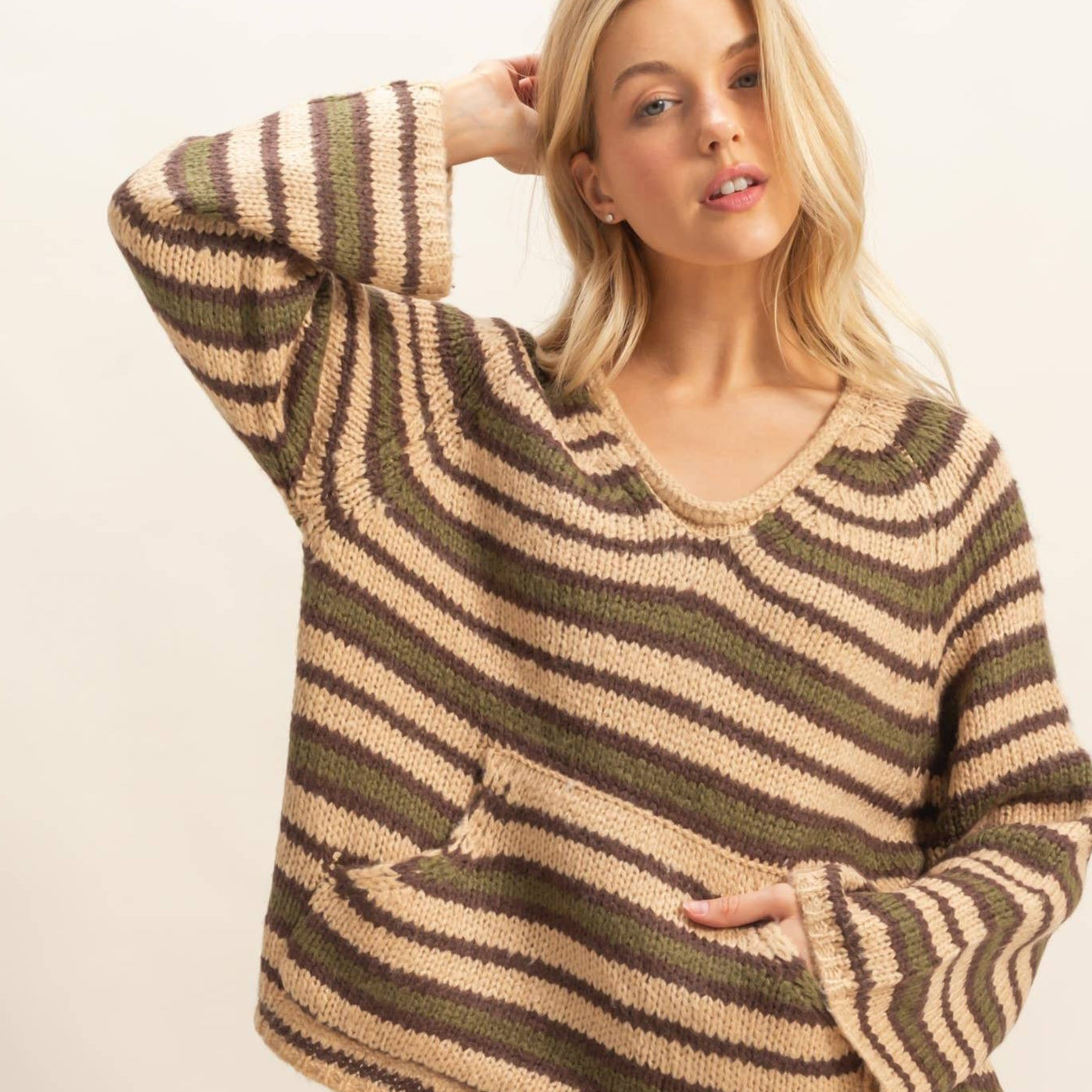 Kangaroo Pocket Detail Striped Pullover