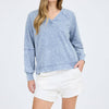 WASHED V NECK EXPOSED SEAM LONG SLEEVE KNIT TOP