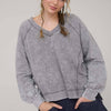 WASHED V NECK EXPOSED SEAM LONG SLEEVE KNIT TOP