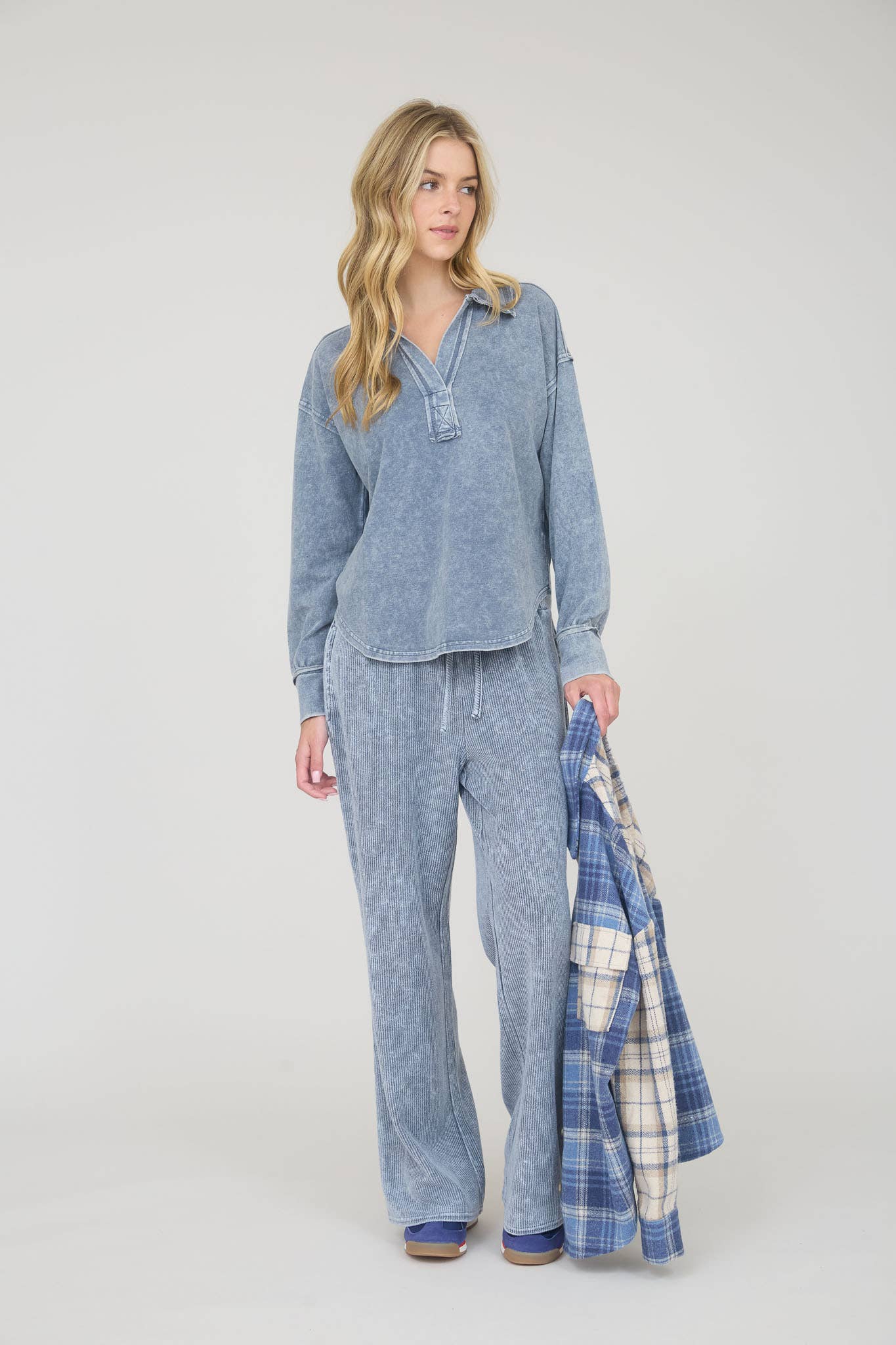 Washed Long Sleeve Polo Knit Top